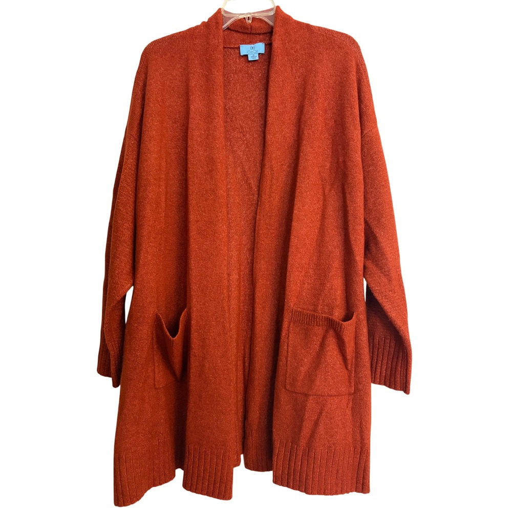 CeCe Long Cardigan XL Orange Open Front Pocket Oversized Knit Sweater Fall